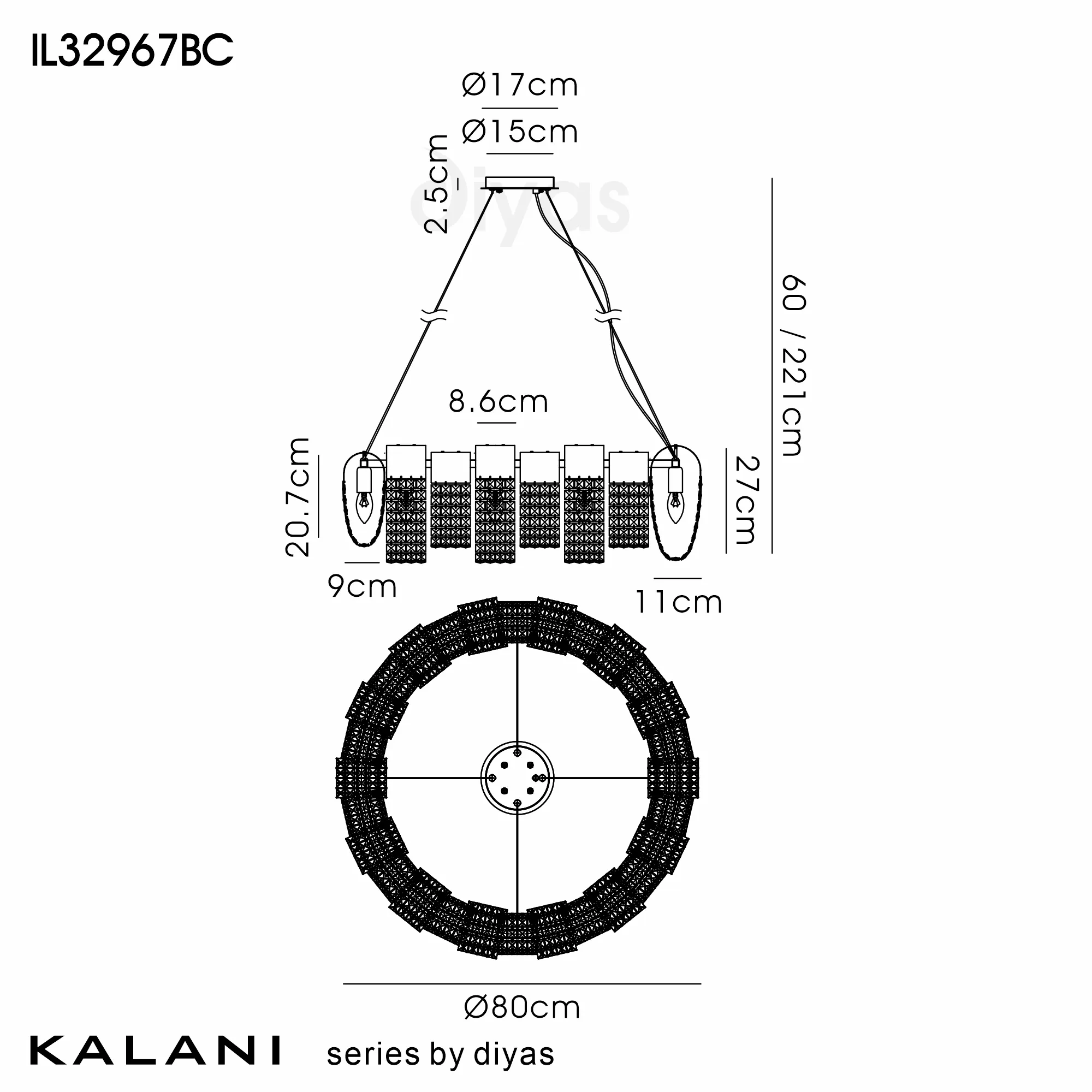 Kalani Pearl Black Crystal Ceiling Lights Diyas Ringed & Square Crystal Fittings